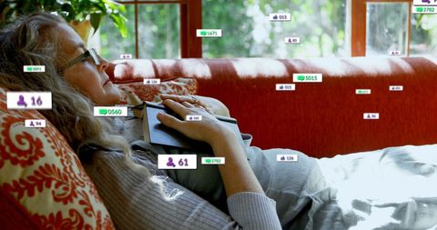 Senior Woman Relaxing on Couch with Social Media Icons Overlay