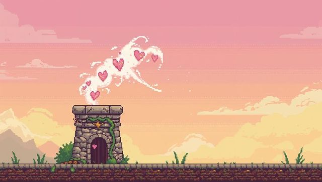 Retro pixel guardhouse releasing sparkling hearts into pastel sunset landscape