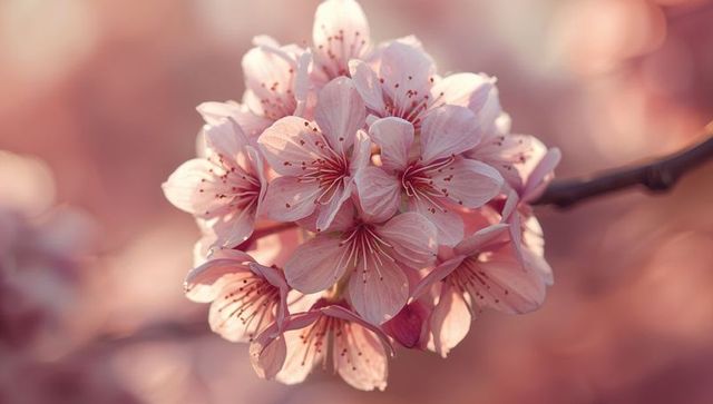 Pale pink cherry blossom cluster glowing in golden hour light, spring floral close-up