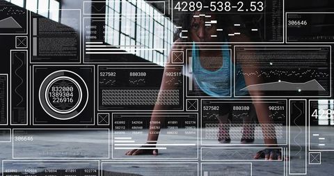 Mid-adult woman holding plank in sunlit industrial gym with HUD fitness analytics overlay