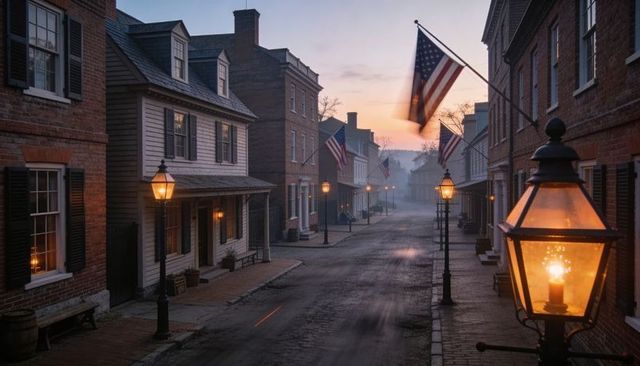 Glowing gas lamp lighting foggy historic main street lined with waving american flags