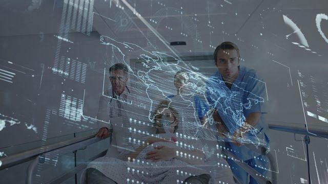 An image showcasing varied medical professionals urgently transporting a patient on a hospital bed with a digital world map overlay symbolizing advancements in global healthcare technology. Ideal for content related to healthcare innovation, medical technology evolution, global health systems, and hospitals integrating digital solutions. This visual is suitable for articles on emerging medical technologies, healthcare trends, or educational materials on data usage in medicine.