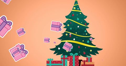 illustration features a decorated christmas tree with stars and ornaments, surrounded by animated falling gift boxes against an orange background with the 'orthodox christmas' text. ideal for holiday cards, festive event posters, celebration invitations, and seasonal digital backgrounds.