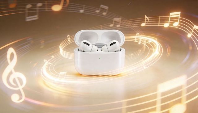 Delivering immersive audio: white wireless earbuds in charging case with glowing musical notes