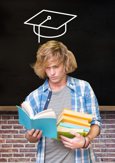 Teenage boy is reading books in a focused manner, holding multiple books while a digitally composed graduation cap is illustrated on the blackboard behind him. Use for educational materials, back to school promotions, study resources, academic success themes.