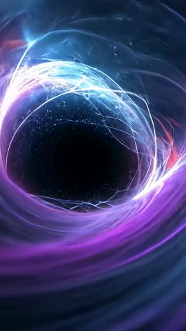 Vertical neon vortex swirling into dark void with glowing filaments and cosmic energy loop