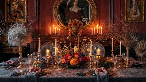 Intricate dining table elegantly adorned with candles and an ornate carved pumpkin centerpiece. Surrounded by atmospheric lighting, dried branches, and floral arrangements create festive Halloween decor in a vintage hall. Ideal for promoting luxury events, party planning inspiration, Halloween celebrations, or showcasing opulent holiday dining trends.