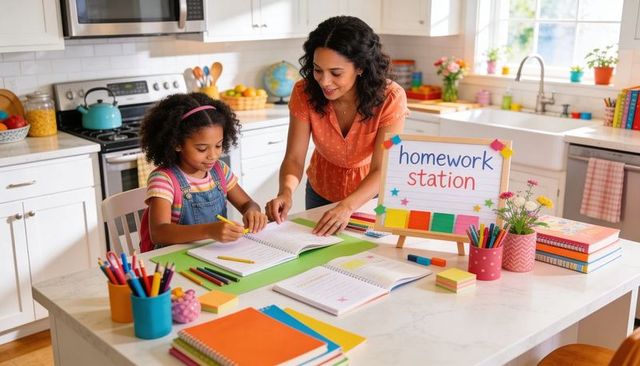 Mother guiding daughter doing homework at colorful kitchen homework station
