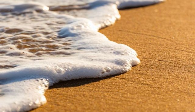 Sunlit foamy wave washing golden sand closeup, beach shoreline texture at low tide