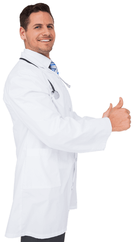 Confident doctor giving thumbs up, isolated on transparent background