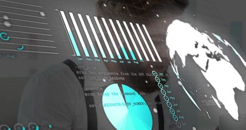 Man analyzing holographic data dashboard with global map and teal analytics overlays