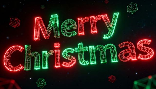 Neon wireframe merry christmas text glowing in starry space with geometric polyhedra