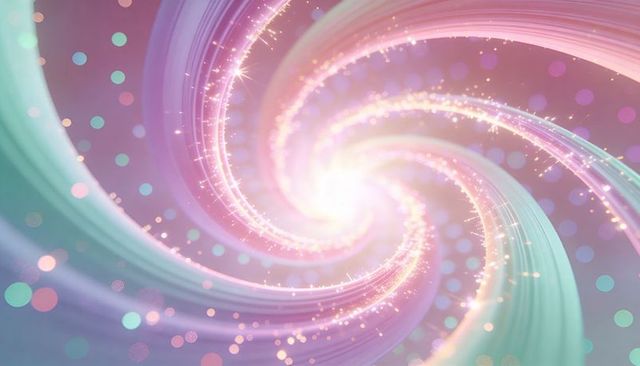 Pastel spiral vortex radiating light with glittering bokeh, dreamy luminous abstract swirl