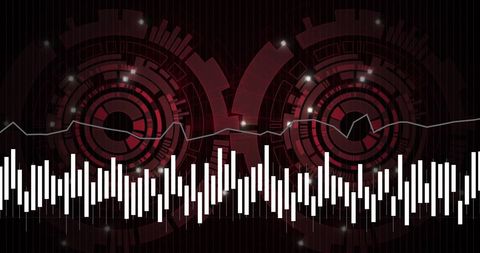 Audio waveform is depicted on top of red and black futuristic digital interface, suggesting a technological and modern theme. Ideal for use in projects related to tech industry, sound engineering, cyber innovation meetings, digital transformation concepts, or as a background for music production content. It visually represents the dynamic nature of audio data analysis and presentation.