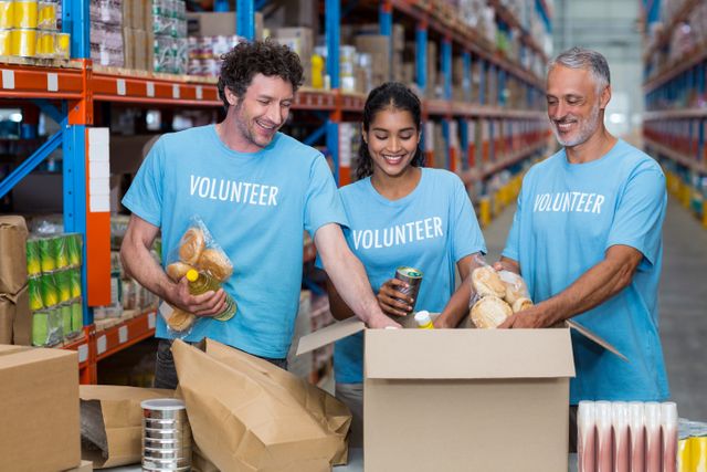 Volunteers are packing food items into cardboard boxes in a warehouse. They are smiling and working together, showcasing teamwork and community service. This image can be used for promoting charity events, community service projects, volunteer recruitment, and humanitarian aid campaigns.