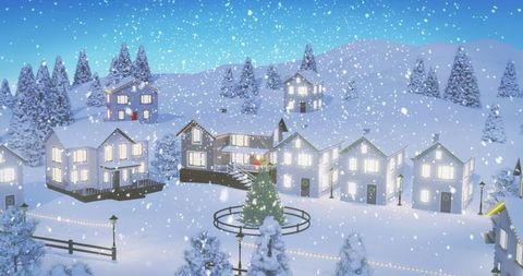 Snowy Village with Illuminated Celebrations and Sparkling Lights