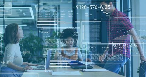 Team Reviewing Data with HUD Overlays and Analytics Dashboard in Modern Office