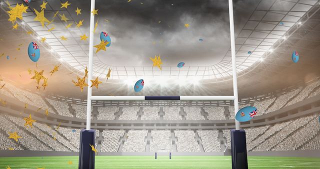 Rugby Balls with Fiji Flags and Falling Stars in Large Stadium - Download Free Stock Images Pikwizard.com