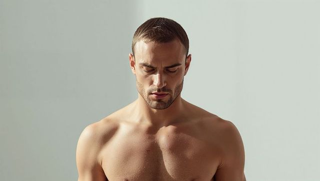 Shirtless athletic male gazing downward, defined chest and shoulders, contemplative mood
