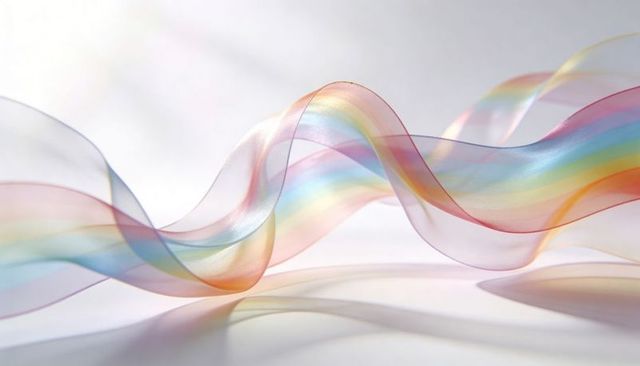 Flowing translucent rainbow ribbon wave sweeping across minimal white surface