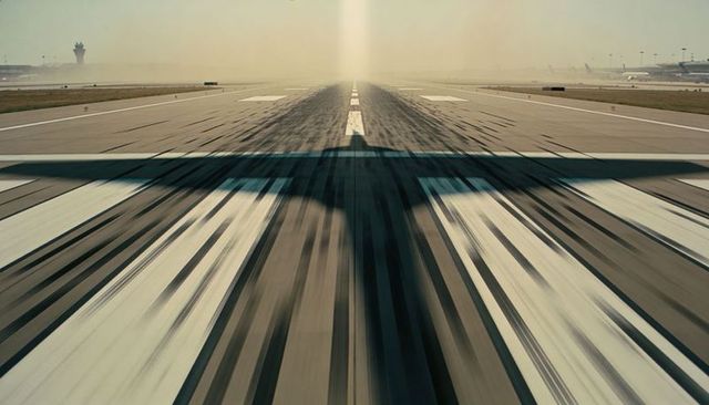 Casting jet shadow racing down runway with motion blur, control tower and hazy horizon