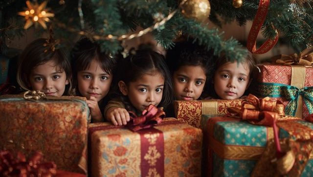 Children Peeking from Christmas Tree with Gifts Creating Holiday Magic