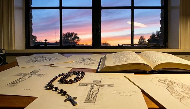 Rosary with metal crucifix on pencil sketches and open devotional book at twilight window
