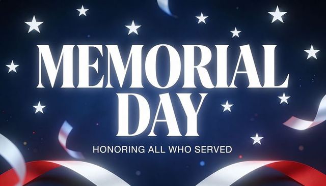 Memorial day tribute honoring all who served with stars, ribbons and bold typography
