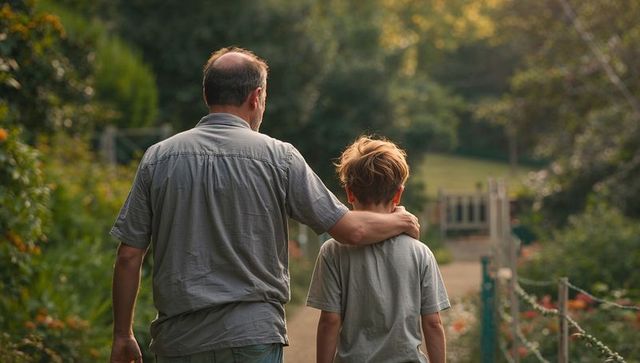 Father walking arm around son on park path at golden hour, tender family bonding