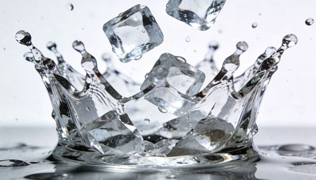 Ice cubes splashing into mirrored water creating crown splash with crystal droplets