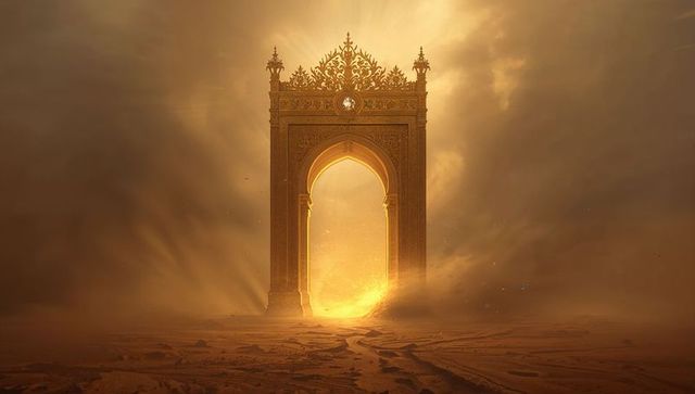 Majestic Golden Archway Illuminated in Desert Dusk