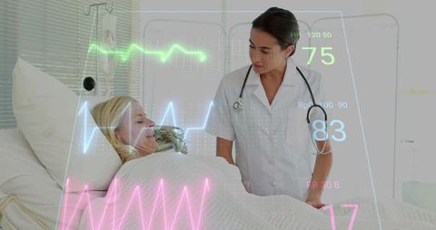 Patient and nurse interacting with holographic vital display in modern hospital