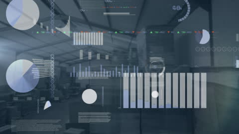 Digital Data Graphics Overlaying Modern Warehouse Interior