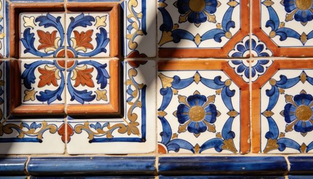 Sunlit spanish ceramic tiles featuring cobalt blue floral geometric motifs and gold accents