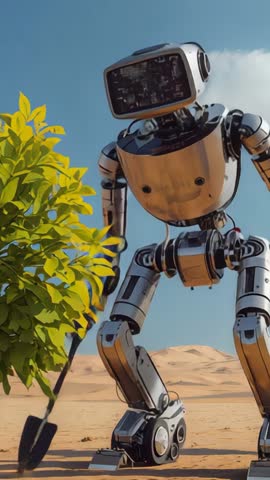 Autonomous Robot Tending Desert Shrub with Metal Shovel Vertical Tech Gardening Video
