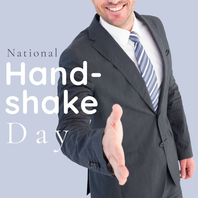 Composite of midsection of caucasian businessman giving handshake and national handshake day text. smiling, business, handshake, gesture and greeting concept.