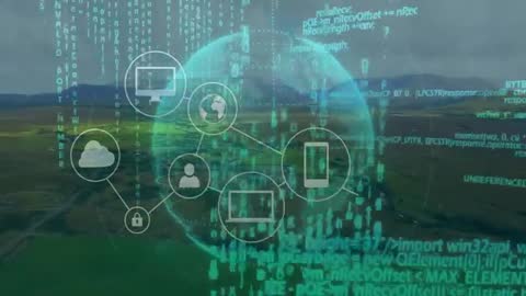 Holographic Globe Network Over Farmland with Tech Icons and Code