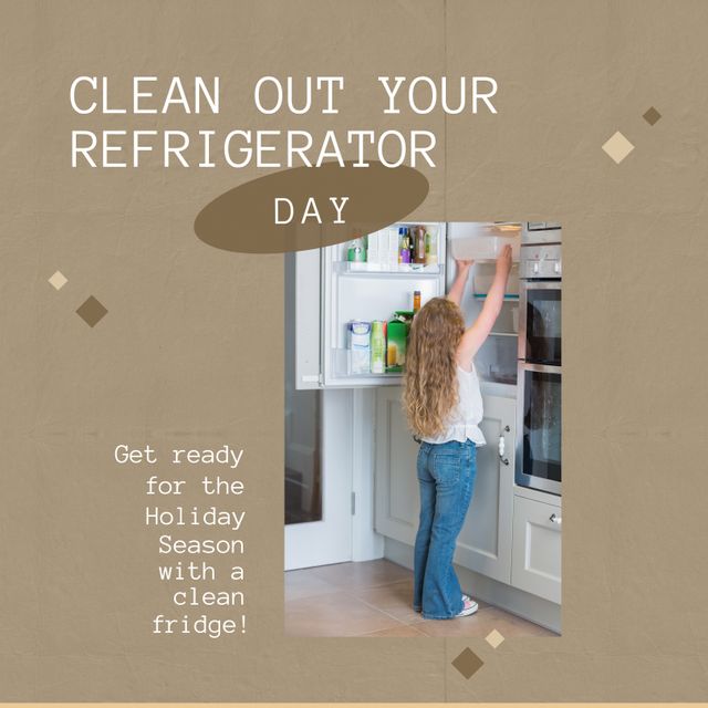 Image of clean out you refrigerator day over caucasian girl looking into fridge. Household, cleaning and food concept.