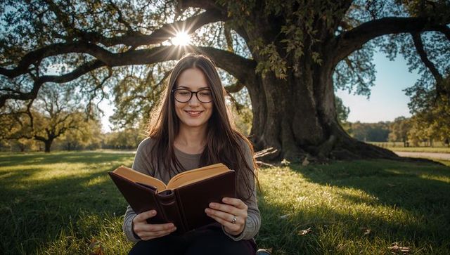 Young woman reading hardcover book under ancient oak tree in sunlit meadow at golden hour