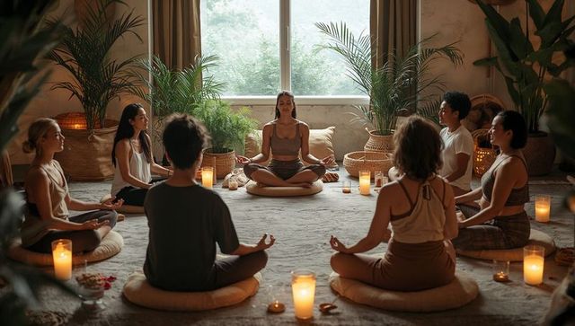 Female meditation teacher leading group meditation circle in cozy candlelit wellness studio