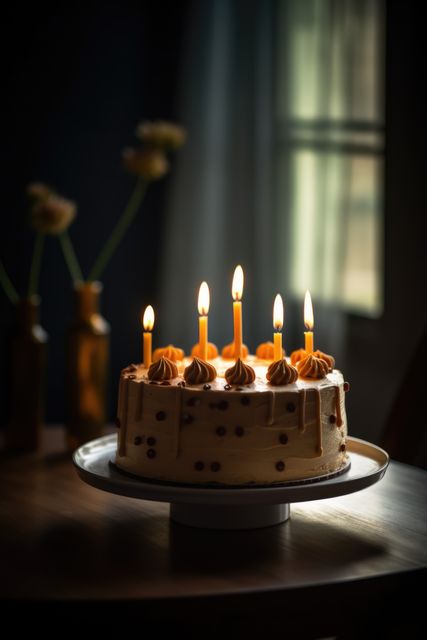 Decorated Birthday Cake with Lit Candles on Table - Download Free Stock Images Pikwizard.com