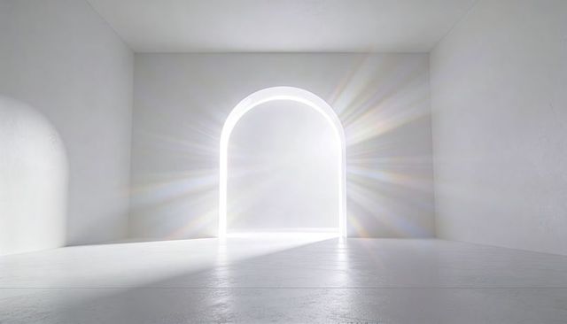 Radiant Arched Portal Pouring Brilliant Light Across Minimal White Interior
