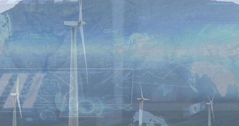 Rotating wind turbine generating renewable power with hud data overlay on mountain wind farm