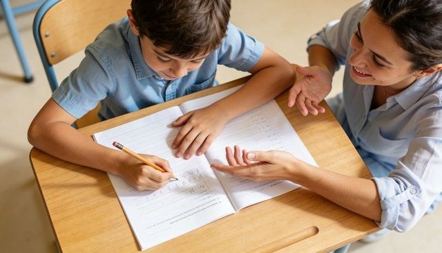 Teacher guiding boy during one-on-one tutoring writing practice at school desk