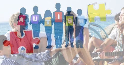 Autism Awareness Concept Overlaid on Beach Gathering