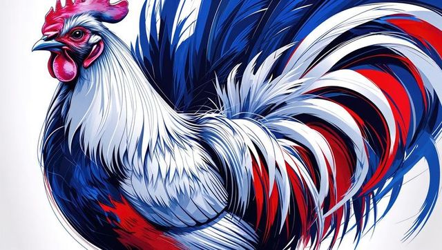 Colorful stylized rooster with flowing feathers in blue white red tones