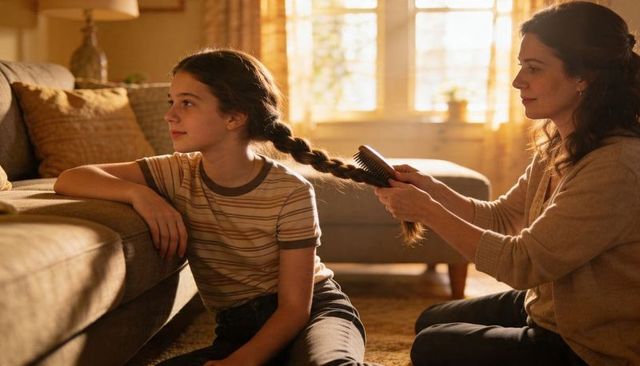 Mother brushing daughter's braid in sunlit living room, cozy morning bonding moment