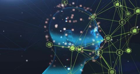 AI Neural Mesh Head Connecting to Neon Data Network with Hex Icons and Analytics Visuals