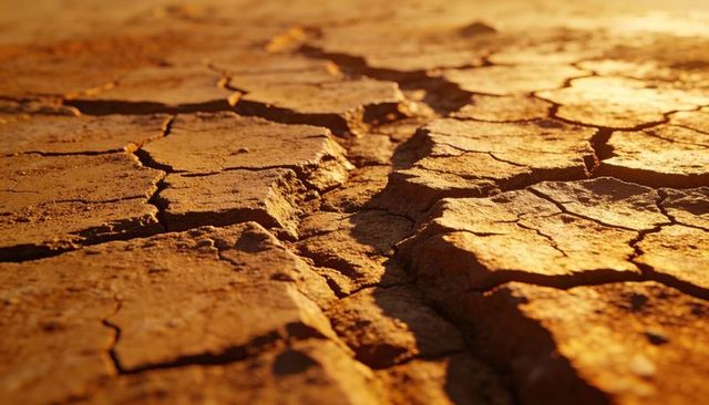 Cracked clay soil revealing deep fissures at golden hour parched desert texture