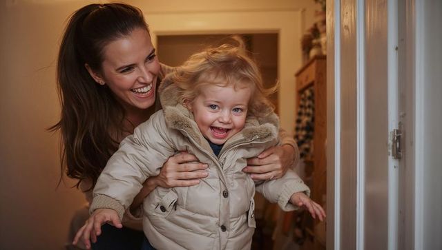 Laughing mother holding toddler in cozy entryway wearing fur-trimmed puffer coat